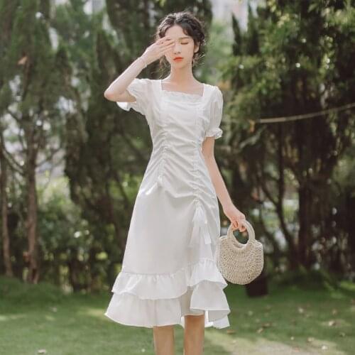 Dress Women French Irregular Ruffle Vestidos Summer 2021 New Niche Design Sense Ladies Bowknot Drawstring Elegant White Dresses