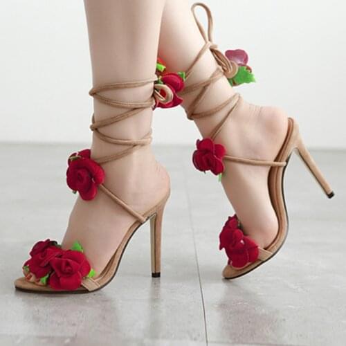 Cross Bandage High Heels Sandals Women Pumps Thin Heel Rose Flower Lace-Up Summer Shoes Fashion Pompes De Femme