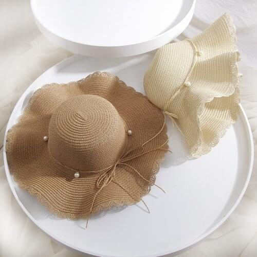 Summer Female Wave Pattern Panama Sun Hats Visor Hat Big Brim Folding Straw Hat Outdoor Beach Cap for Women UV Protection Hat