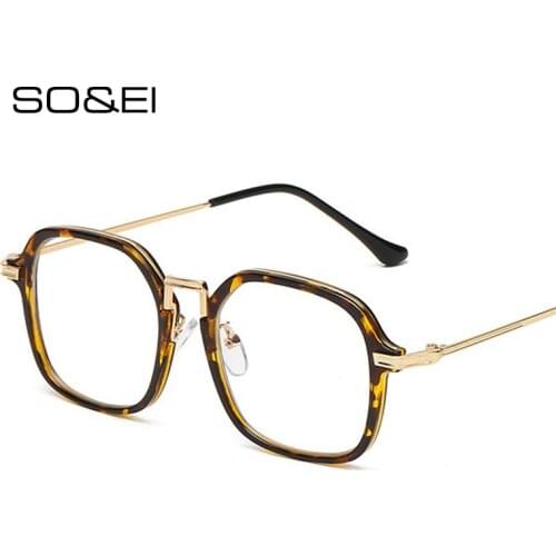 SO&EI Vintage Square Ultra-light Women Metal Glasses Frame Clear Lens Eyewear Men Optical Myopia Leopard Orange Eyeglasses Frame