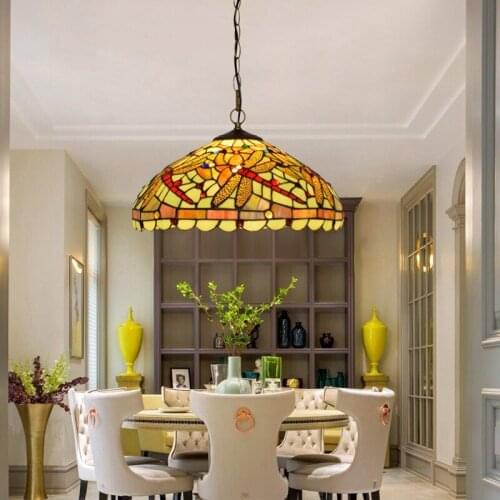 Tiffany Colorful Glass Restaurant Bedroom Hanging Lamp 40cm American Creative Dragonfly Art Bar Lamps European Style