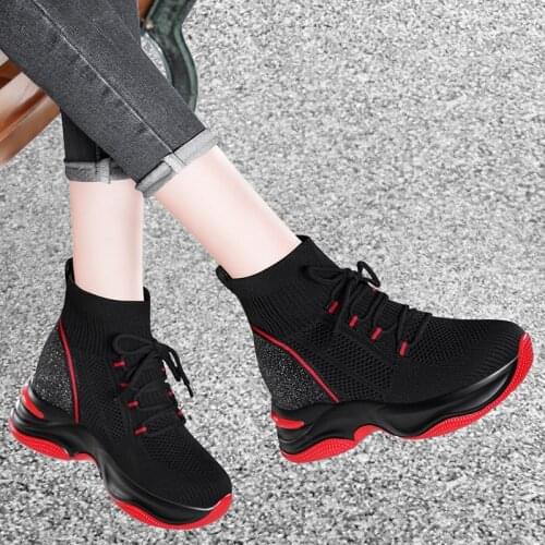 Black Wedges Shoes Women Chunky Sneakers On Platform 2021 New Spring Female Casual Sock Shoes High Top Seakers Breathble