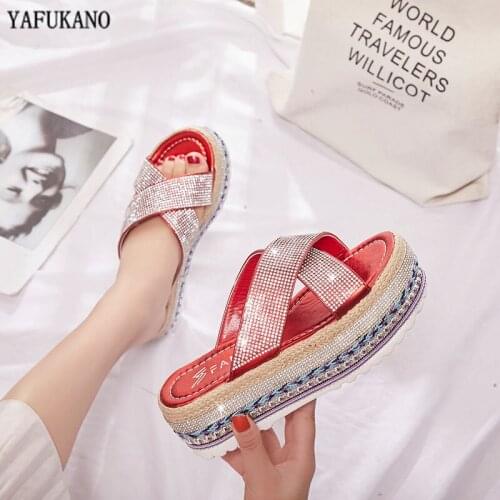 Wedge Platform Slippers Women New Summer Beach Shoes Hemp Chunky Heel Bottom Ladies Flip Flops New Female Bling Slides