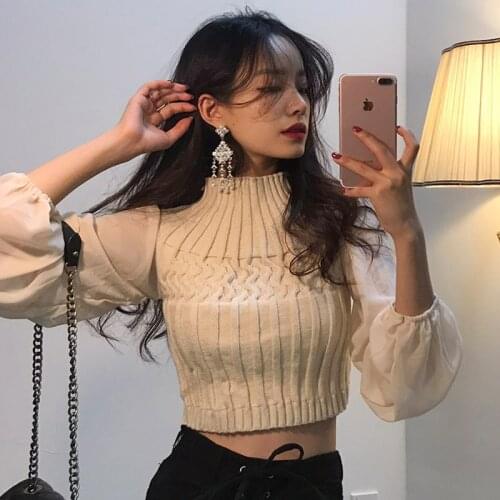 Chic Autumn Winter Women Turtleneck Sweater Jumpers Vintage Knitted Short Pullovers Chiffon Patchwork Lantern Sleeve Female Tops