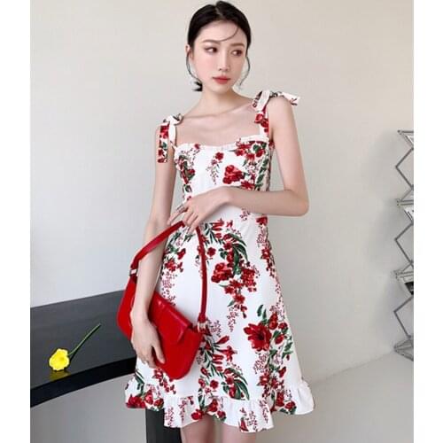 2021 Summer Vintage Fashion Printed Sling Runway Dress Womens Holiday Ruffled Square Collar Waist Slimming Beach Dresses