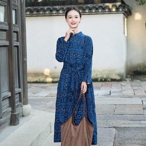 Ethnic Style Women Autumn Winter Dress Cheongsam Cotton Linen Long Sleeve Vintage Robe Slim Fit Chinese Dress Qipao 11676