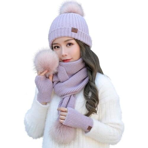Winter Women Hats Scarf Gloves 3pcs set For Girls Thick Cotton Winter Women Accessories Hats Sets Female Beanie Scarf Gloves