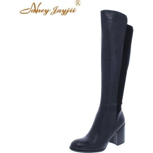 Winter Women Shoes Adult Female Boots Lady knee-High Square Heel Solid Slip-On Round Toe Basic Fashion Nancyjayjii Leisure 2019