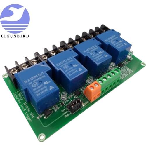 10PCS four 4 channel relay module 30A with optocoupler isolation 5v 12v 24v supports high and low Triger trigger for Smart home