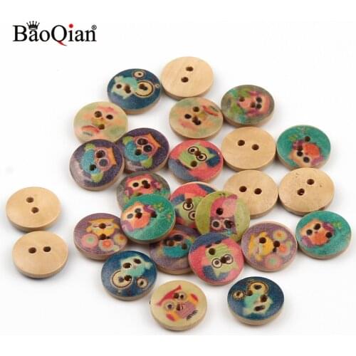 50Pcs 15mm Colorful Owl Pattern 2 Hole Round Wooden Buttons For Crafts Scrapbooking Clothing Decoration Sewing Accessory