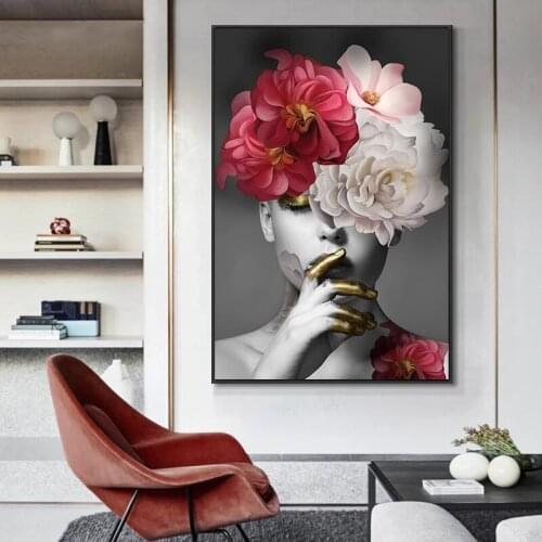 Abstract Flower on The Head with Gold Women Painting on Canvas Print Nordic Poster Wall Art Picture for Living Room Home Decor