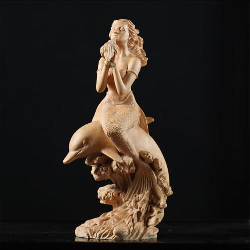 Boxwood18cm Mermaid Room Decoration Beauty Figure Wood Statue Fairy Crafts Office Lucky Sculpture Mermaid Home Decor