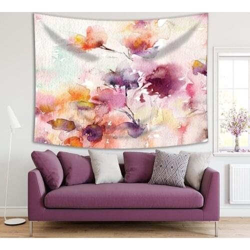 Tapestry Watercolor Flowers Summer Garden Painting Vintage Grunge Style Artwork Purple Yellow