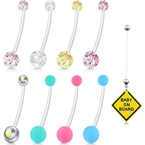JFORYOU 9-10PCS 14G Acrylic Bioflex Pregnancy Belly Button Rings-Extra Long Navel Barbell Body Jewelry Piercing Retainer