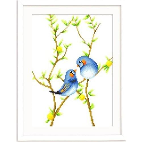 Cute Bird Sits on a Flowering Love Birds Floral Heart Stamped Cross Stitch Kit Embroidery needlework set