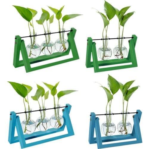 Desktop Glass Planter Terrarium Hydroponic Plant Vases Bulb Plant Terrarium Vintage Wooden Flower Pot Home Bonsai Decor Dropship