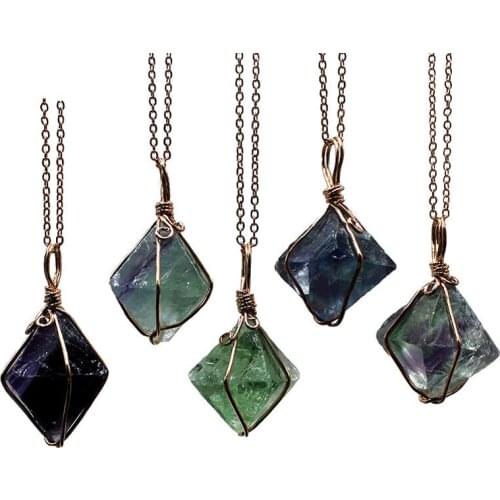 Natural Octahedral Fluorite Pendant with Goldtone Plating Metal Wire Wrapped Necklace with Metal Chain 18inch