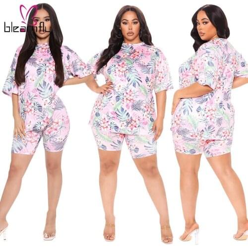 Summer 2 Piece Set For Women Casual Outfit Plus Size 4XL 5XL Flower Printed Two Piece Sets T Shirt And Shorts Tracksuit 2021
