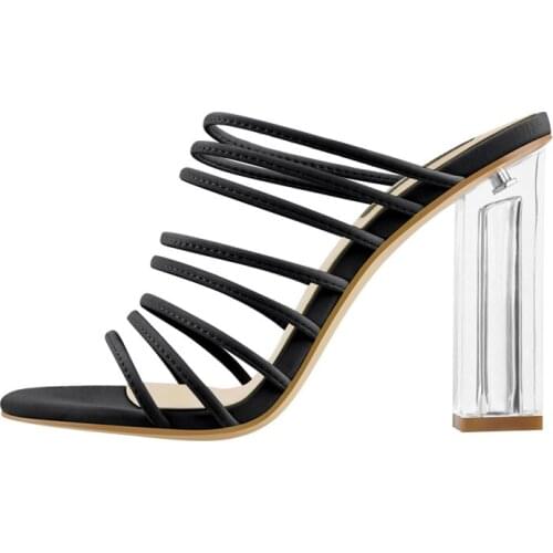 Richealnana 2021 New Summer Slip-On Sandals Clear Square Chunky High Heels Lycra Narrow Band Slippers Casual