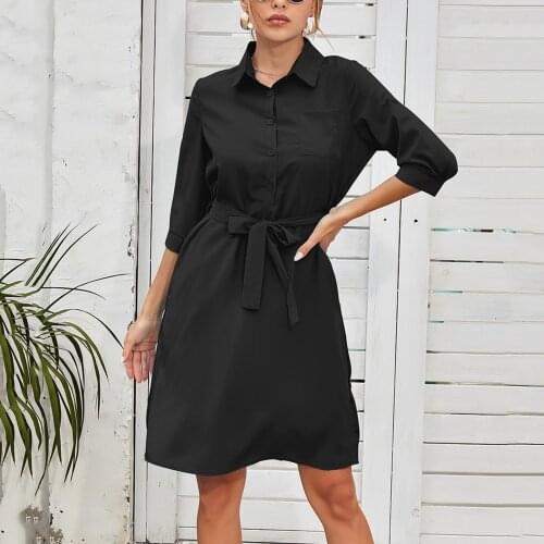 New Fashion Elegant Shirt Dress Womens Ladies Casual Slim Turn Down Collar Button Midi Dress Basic Office Frenulum Dress