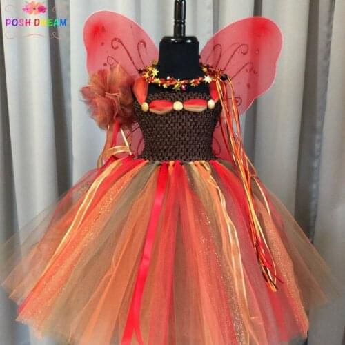 POSH DREAM Fall Fairy Cosplay Girls Tutu Dress Matching Wand Wings Birthday Outfit Fairy Costume Orange Children Kids Clothes