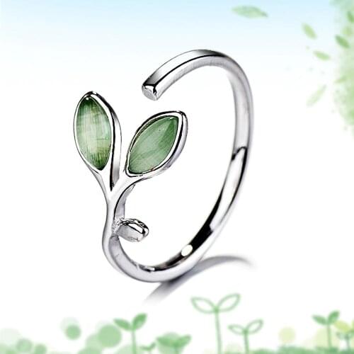 Simplicity Green Leaf ring Temperament Personality Fashion Female Trendy Resizable Opening Rings