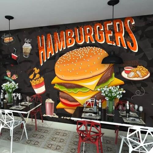 Custom Self-adhesive Sticker Wall Art Cartoon Graffiti Hamburger Restaurant Coffee Shop Photo Mural Wallpaper Papel De Parede 3D
