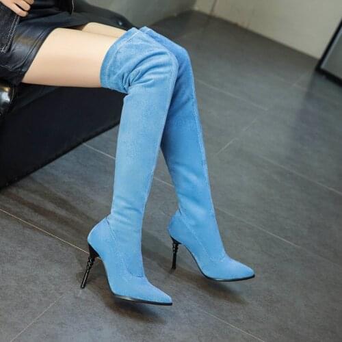 New Over The Knee Boots Women Pointed Toe Thigh High Stretch Boots Sexy Super High Heels Platform Women Boots Big Size