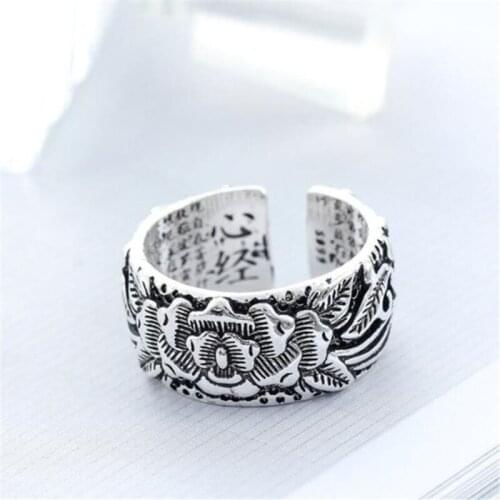 Season Gate 925 Sterling Silver Retro Buddhism Heart Sutra Lotus Bodhi Adjustable Size Open Ring for Women Girls SR042