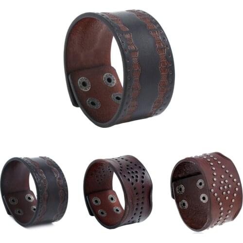 Punk Embossed pattern Wide leather bracelet men retro snap button armband jewellery motorcycle guitar accessories boyfriend gift