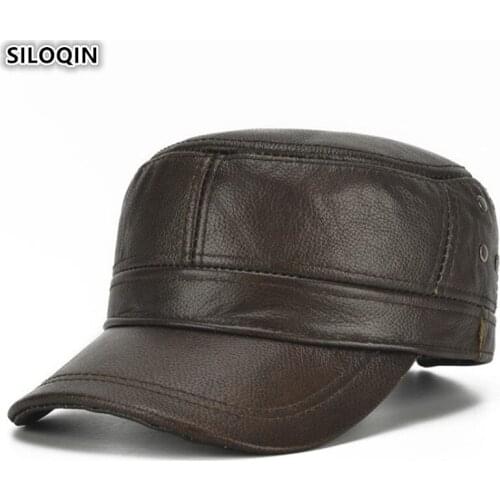 SILOQIN Adult Mens Genuine Leather Cap Army Military Hats Earmuffs Hat Cowhide Leather Hat Adjustable Size Men Warm Brands Caps
