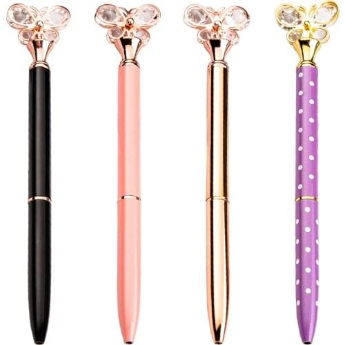 1 PCS Glass Butterfly School Pen Spare Black Writing Pen For Student Rose Gold Stationery 1 mm Bullet Point Metal Ballpoint Pen