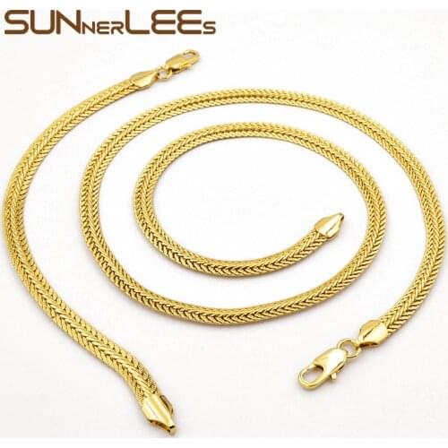 SUNNERLEES Fashion Jewelry White Rose Gold Color Necklace Bracelet Set 6mm Flat Snake Chain For Mens Womens Gift C07 S