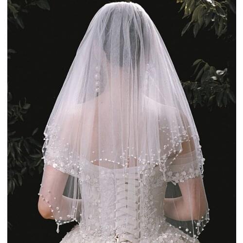 White Ivory 2 Tiers Fingertip Wedding Veils Crystal Pearl With Comb Bridal Accessories 2021