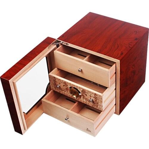 Vintage Three-layer Drawers Wooden cigar box transparent Display Cabinet Humidor With Thermostatic Humidifier Husbands Gift