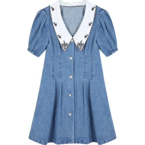 PERHAPS U Blue Denim Turn Down Collar Button Short Sleeve Puff Sleeve Empire Mini Dress Summer Casual D1840