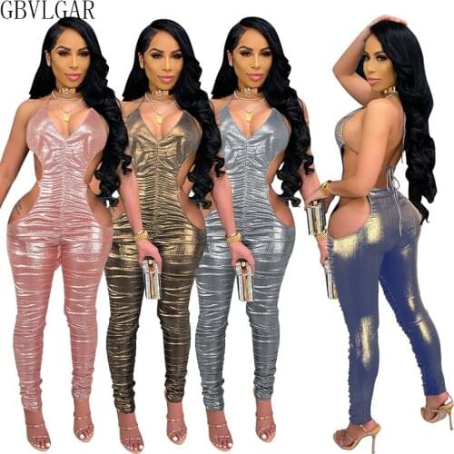 Women Gradient Bright Color Jumpsuits Pleated Halter Lace Up Bandage V Neck Hollow Out Open Back Party Club Streetwear Overalls