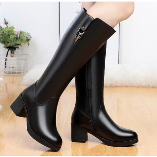 2020 Autumn And Winter Women boots knee high Fleece boots women Casual Boots shoes Genuine Leather shoes Best-selling style