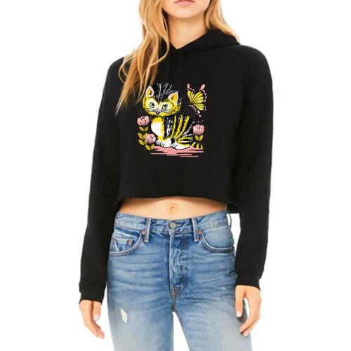 Cat Butterfly 100%Cotton Colored Printed Ladies Sexy Pullovers Long Sleeve Crop Tops Spring Funny Women Crop Hoodie Cat Mom Tops