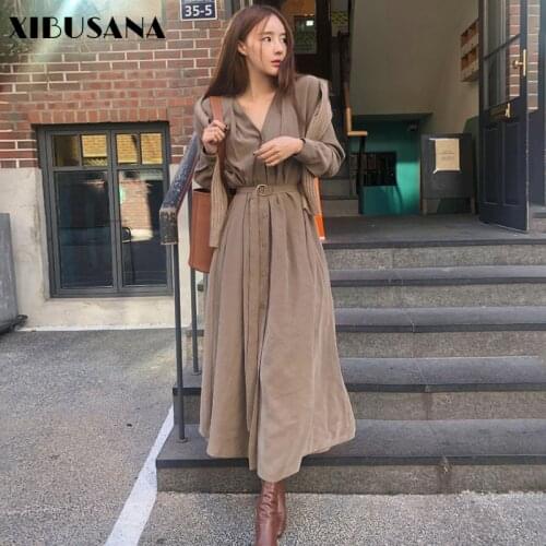 XIBUSANA Dress for Women V-neck Single Breasted 2020 Spring Solid Elegant Full Sleeve Belted Straight Loose Long Dresses Female