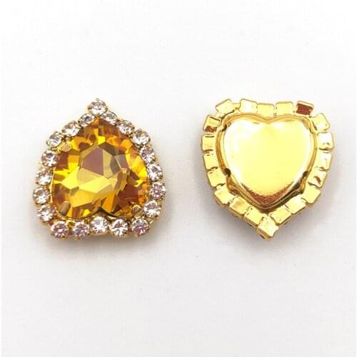 12mm Golden Yellow Heart-Shaped Crystal Buckle, Gold Base Glass Sew On Rhinestones For DIY Nail Art Jewelry Craft Accessories