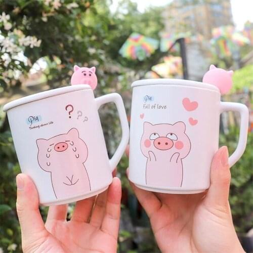 400mL Cute Cartoon Pig Coffee Mug with Lid Spoon Creative Pink Milk Tea Juice Ceramic Breakfast Cup Gift for Friend Lovers Gifts