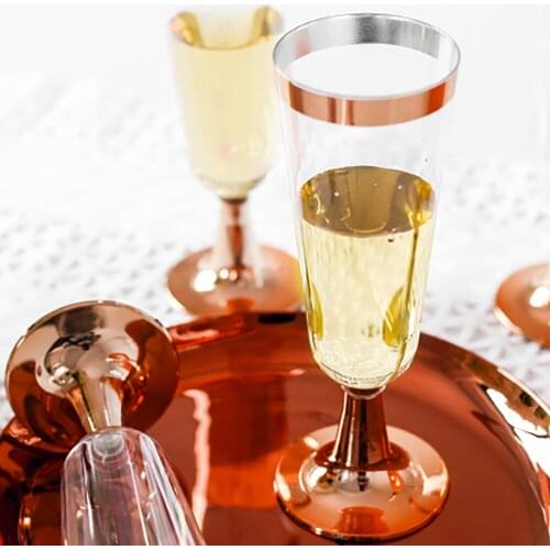 6pcs Disposable Plastic Red Wine Glass Hot Stamping Champagne Flute Cocktail Glass Party Rose Gold Dessert Western Cuisine Cup