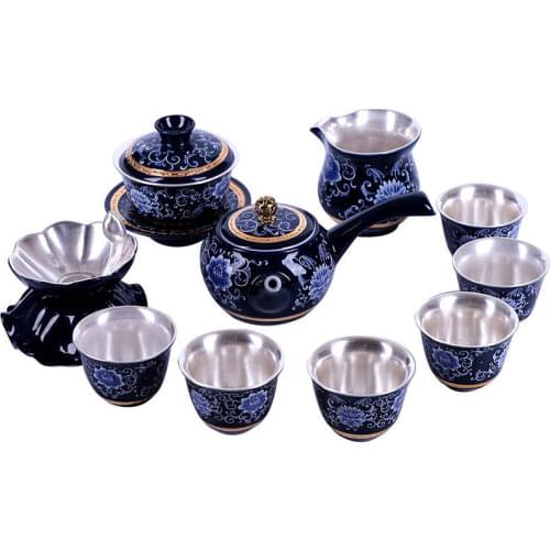 999 Silver Jingdezhen Silver Kungfu Tea Set Creative Silver-inlaid Ceramic Set Covered Bowl Silver Tea Cup Single Cup
