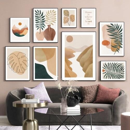 Abstract Mountain River Sun Leaf Plant Flower Line Wall Art Prints Canvas Painting Nordic Poster Decor Pictures For Living Room