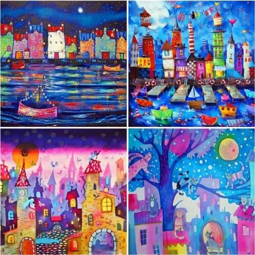 HUACAN 5D DIY Diamond Painting Cross Stitch Town Mosaic Diamond House Full Square Rhinestone Painting Cartoon Home Decoration