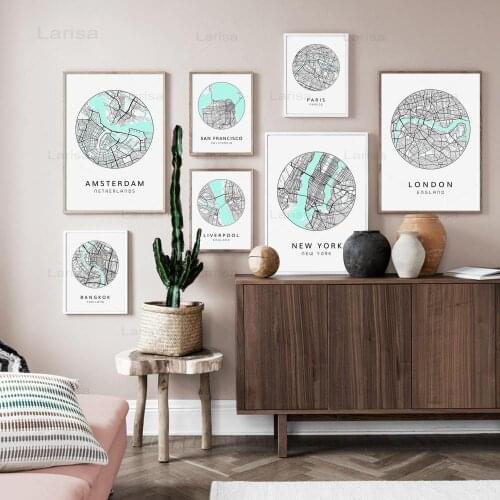 Amsterdam Paris London New York Rome City Map Wall Art Posters Simple Canvas Painting for Home Black and White Picture