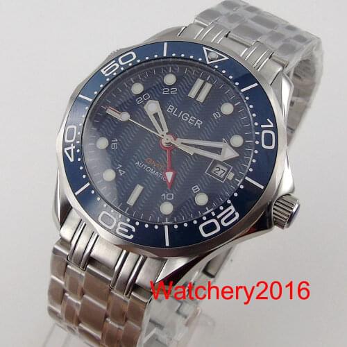 BLIGER 41mm Blue Dial Sapphire Glass GMT Hand Date Mens Watch Window Mental Band Ceramic Bezel Solid Stainless Steel Case