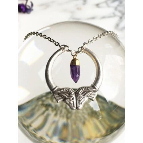 Double Ram Head Necklace with Quartz Spike Wiccan Jewelry Amulet Necklace Amulet Jewelry Witches Witchcraft