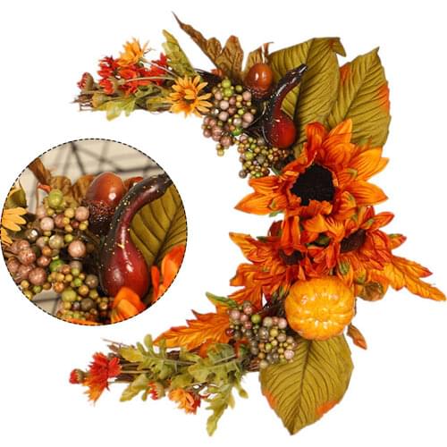 Artificial Flower Autumn Rattan Wreath Garland with Pumpkin Maple Leaf Simulation Decorative for Harvest Thanksgiving Party